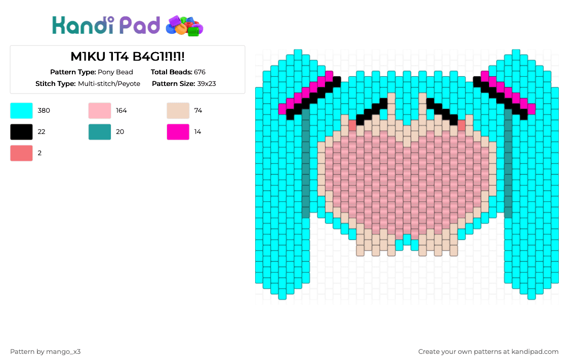 M1KU 1T4 B4G1!1!1! - Pony Bead Pattern by mango_grass_x3 on Kandi Pad - light blue,pink,miku,ita bag,bag,ita