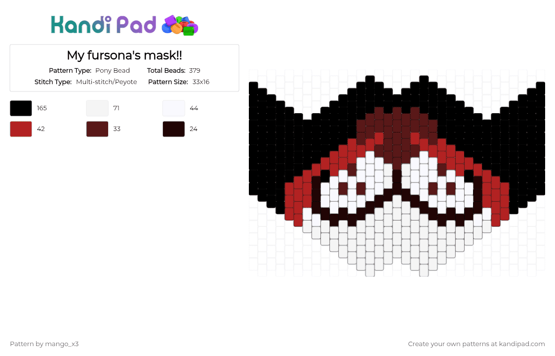 My fursona\'s mask!! - Pony Bead Pattern by mango_grass_x3 on Kandi Pad - white,brown,red,furry,fursona,mask