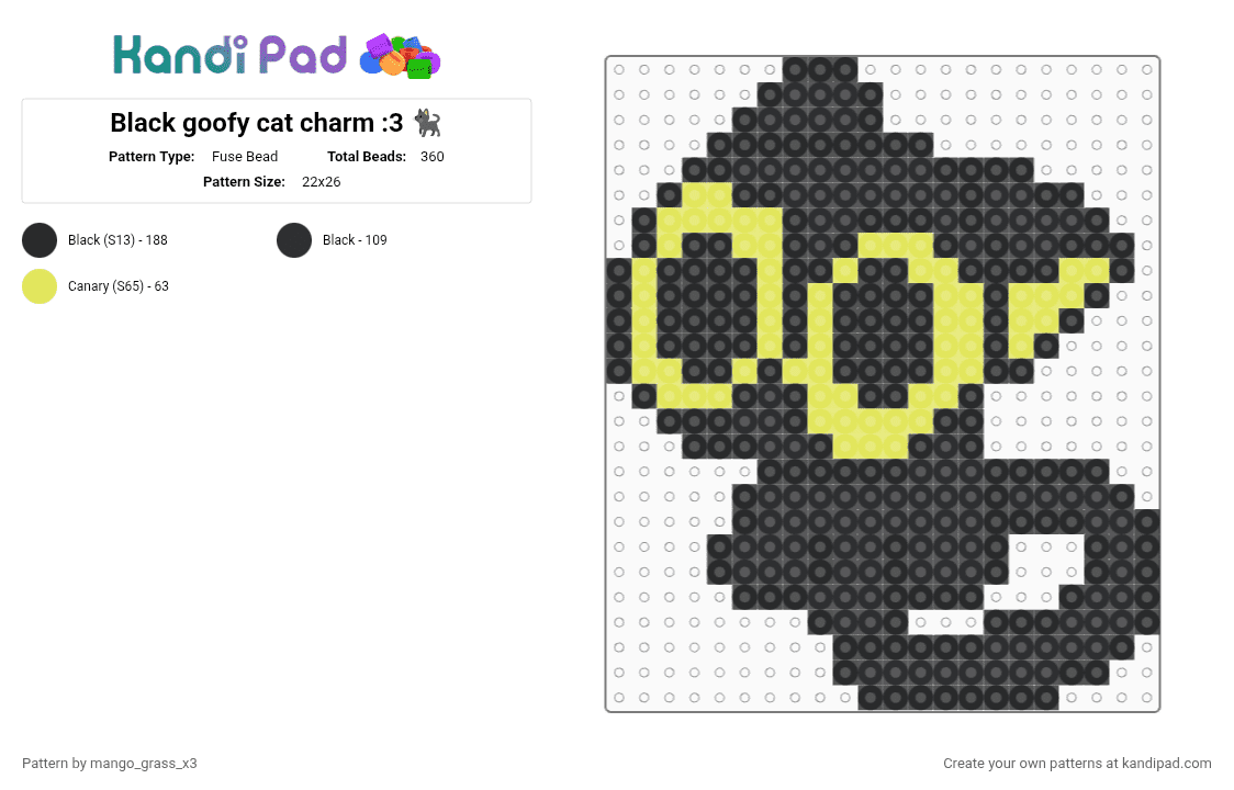 Black goofy cat charm :3 🐈‍⬛ - Fuse Bead Pattern by mango_grass_x3 on Kandi Pad - black,silly,cute