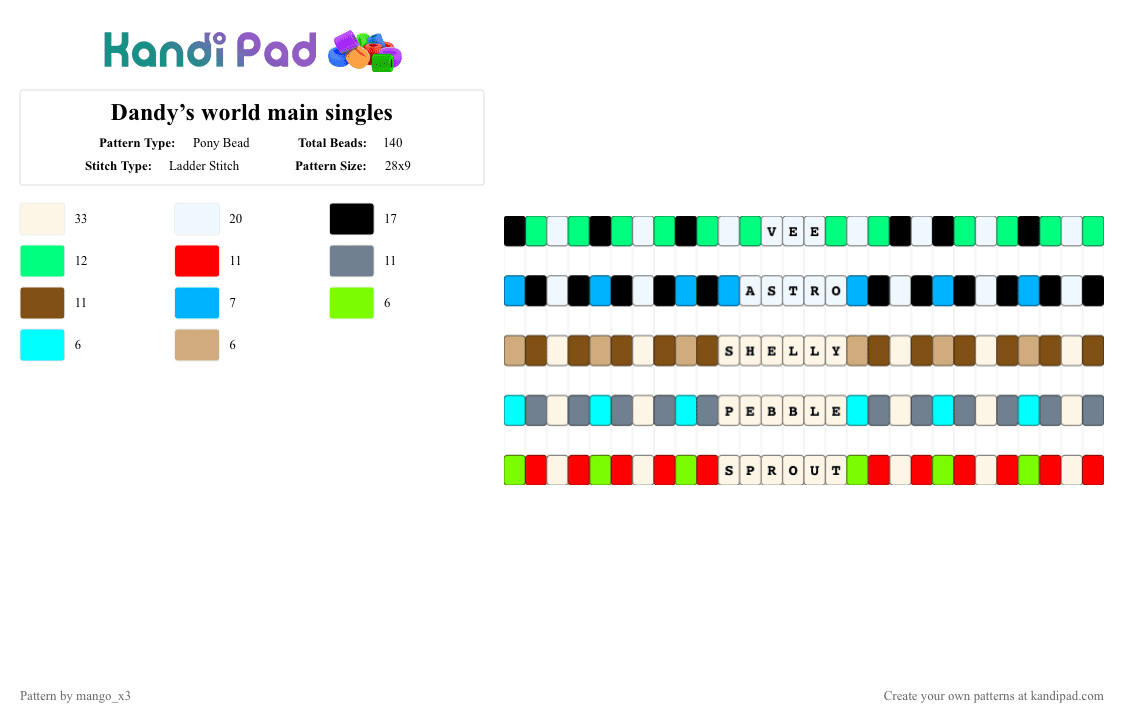 Dandy’s world main singles - Pony Bead Pattern by mango_grass_x3 on Kandi Pad - white,gray,tan,colorful,dandys world,mains,singles,single