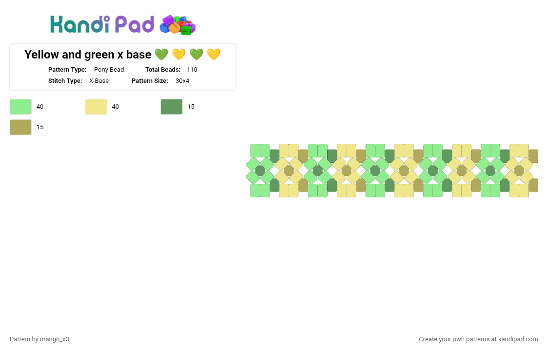 Yellow and green x base 💚 💛 💚 💛 - Pony Bead Pattern by mango_grass_x3 on Kandi Pad - teal,yellow,cuff,stripes