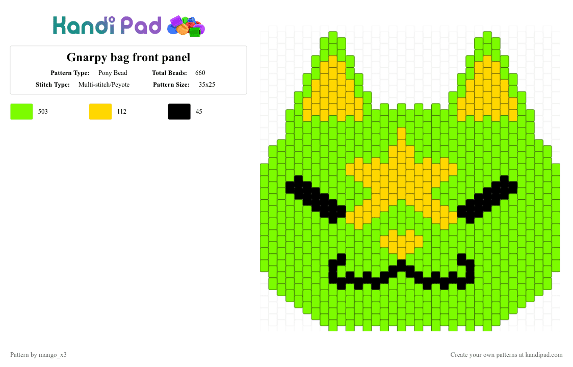 Gnarpy bag front panel - Pony Bead Pattern by mango_grass_x3 on Kandi Pad - green,gnarpy,yellow,bag,gnarpy bag