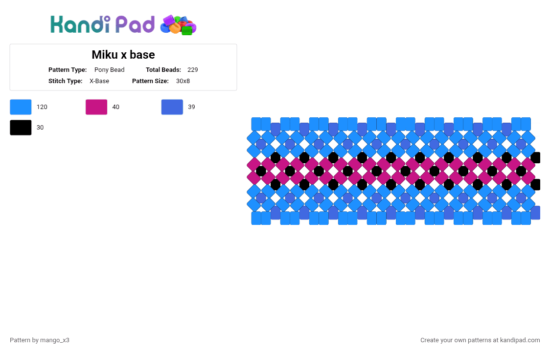 Miku x base - Pony Bead Pattern by mango_grass_x3 on Kandi Pad - light blue,x base,miku,cuff