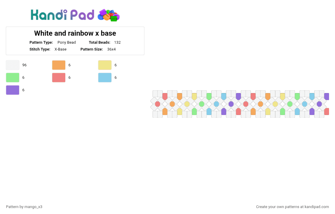 White and rainbow x base - Pony Bead Pattern by mango_grass_x3 on Kandi Pad - white,yellow,red,purple,colorful,pastel,cuff,x base,colourful,pretty,cute