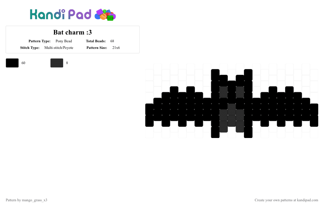 Bat charm :3 - Pony Bead Pattern by mango_grass_x3 on Kandi Pad - black,night,monochrome,small,silly