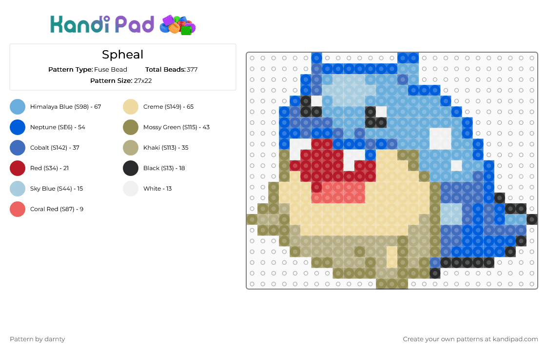 Spheal - Fuse Bead Pattern by darnty on Kandi Pad - blue,light blue,beige,pokemon,spheal,seemops