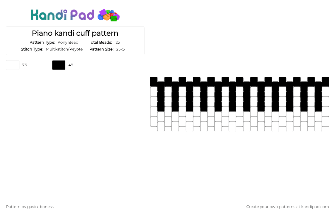Piano kandi cuff pattern - Pony Bead Pattern by gavin_boness on Kandi Pad - black,white
