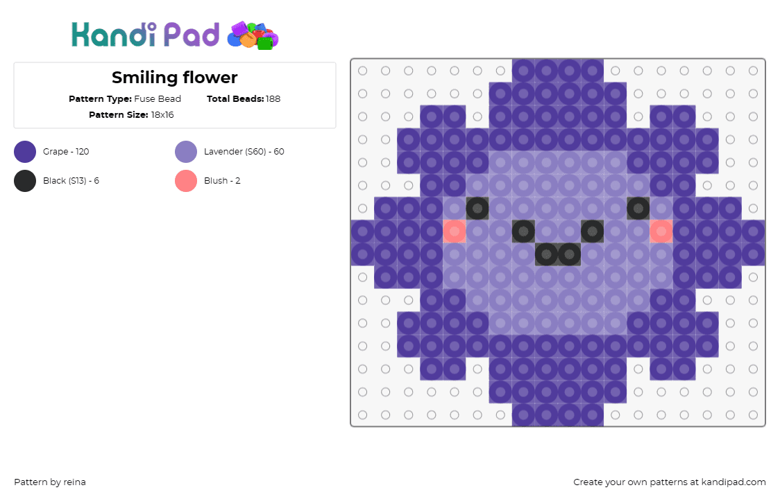 Smiling flower - Fuse Bead Pattern by reina on Kandi Pad - flower,smile,cute,happy,face,adorable,cheerful,purple