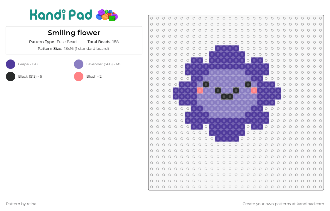 Smiling flower - Fuse Bead Pattern by reina on Kandi Pad - flower,smile,cute,happy,face,adorable,charming,cheerful,purple