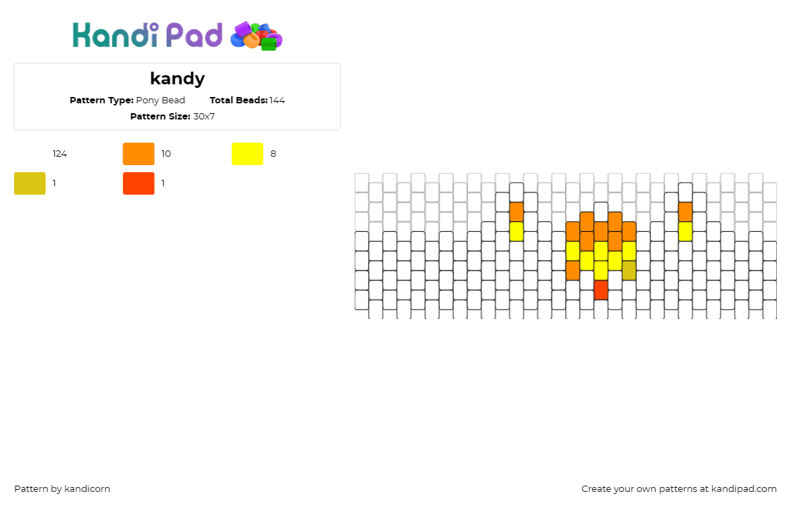 kandy - Pony Bead Pattern by kandicorn on Kandi Pad - candy corn,cuff,festive,halloween,classic,sweet,playful,orange,yellow,white
