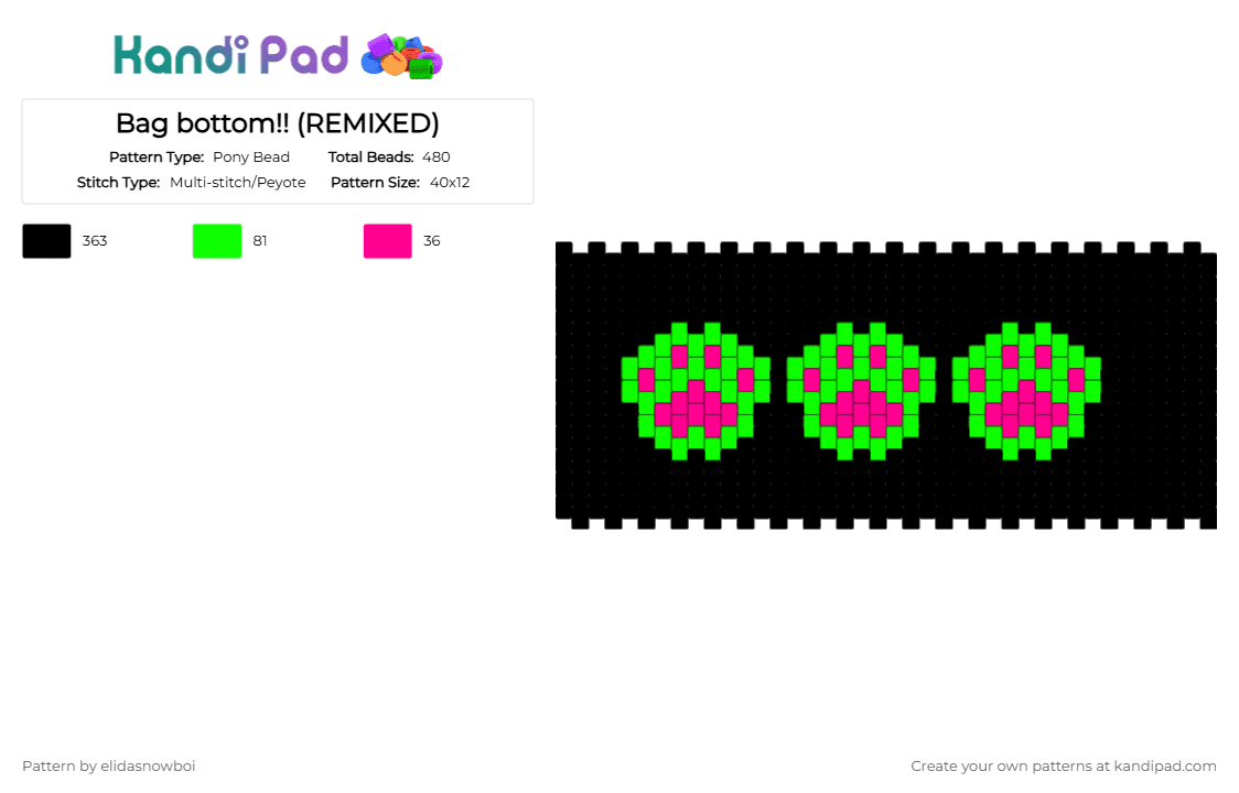 Bag bottom!! - Pony Bead Pattern by elidasnowboi on Kandi Pad - black,green,pink