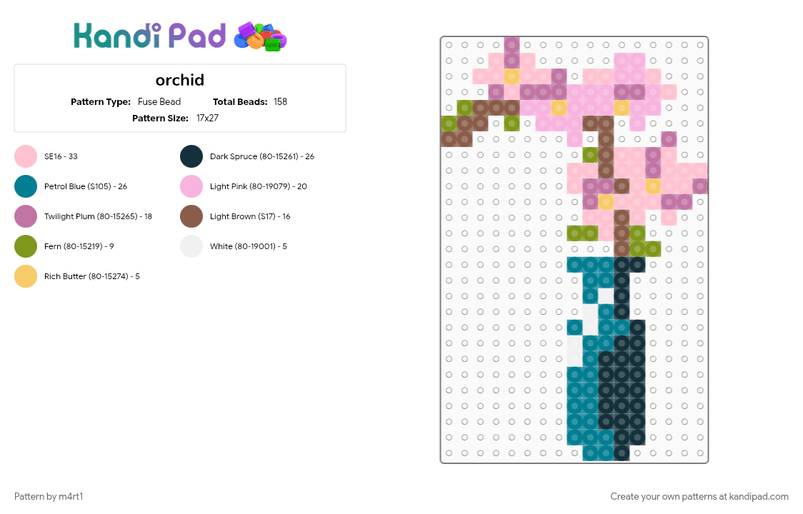 orchid - Fuse Bead Pattern by m4rt1 on Kandi Pad - flower, flowers, nature, orchid, orchid vase, pink, spring, teal