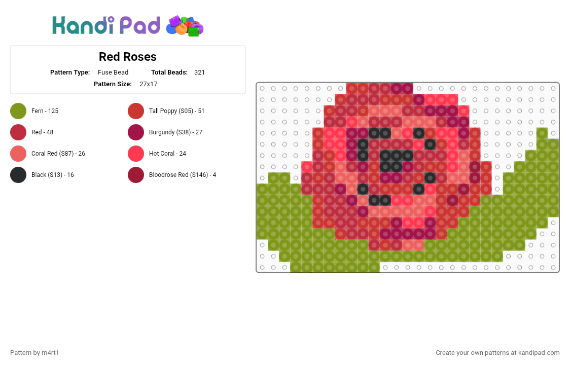 Red Roses - Fuse Bead Pattern by m4rt1 on Kandi Pad - gold, red