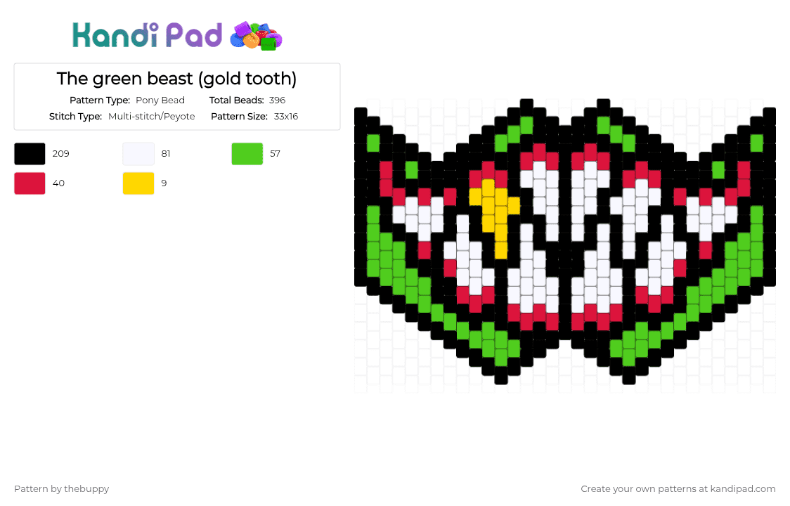 The green beast (gold tooth) - Pony Bead Pattern by thebuppy on Kandi Pad - black,green,red