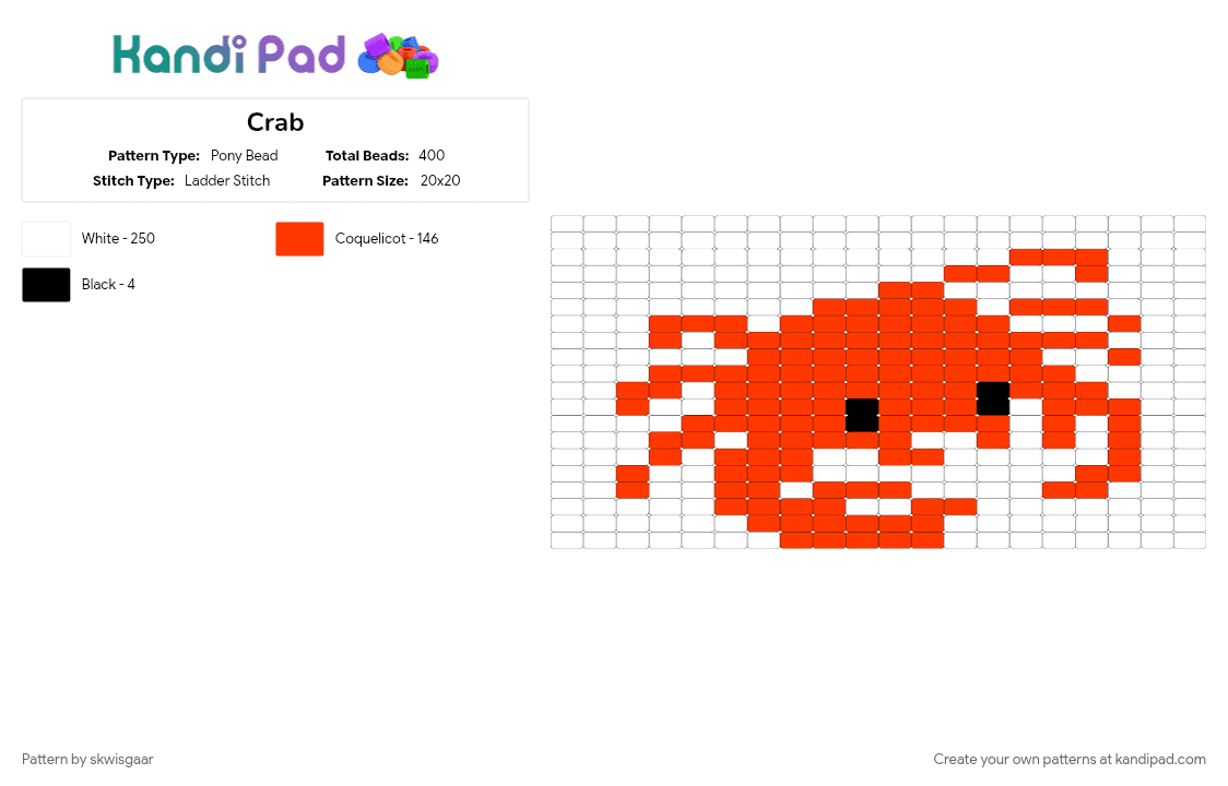 Crab - Pony Bead Pattern by skwisgaar on Kandi Pad - animal, crab, panel, red, white