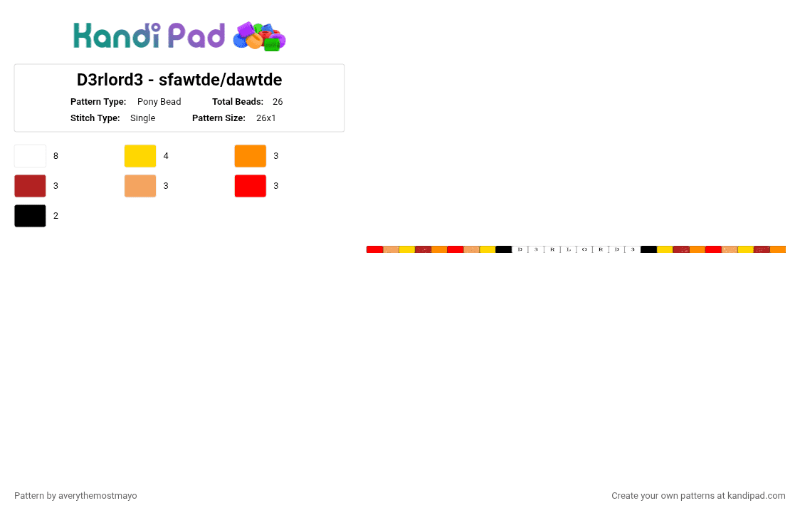 D3rlord3 - sfawtde/dawtde - Pony Bead Pattern by averythemostmayo on Kandi Pad - d3rlord3, dawtde, orange, red, sfawtde, single bracelet