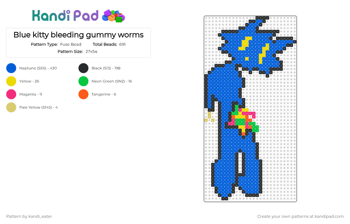 Blue kitty bleeding gummy worms - Fuse Bead Pattern by kandi_eater on Kandi Pad - blue,cat,kitty,gummy