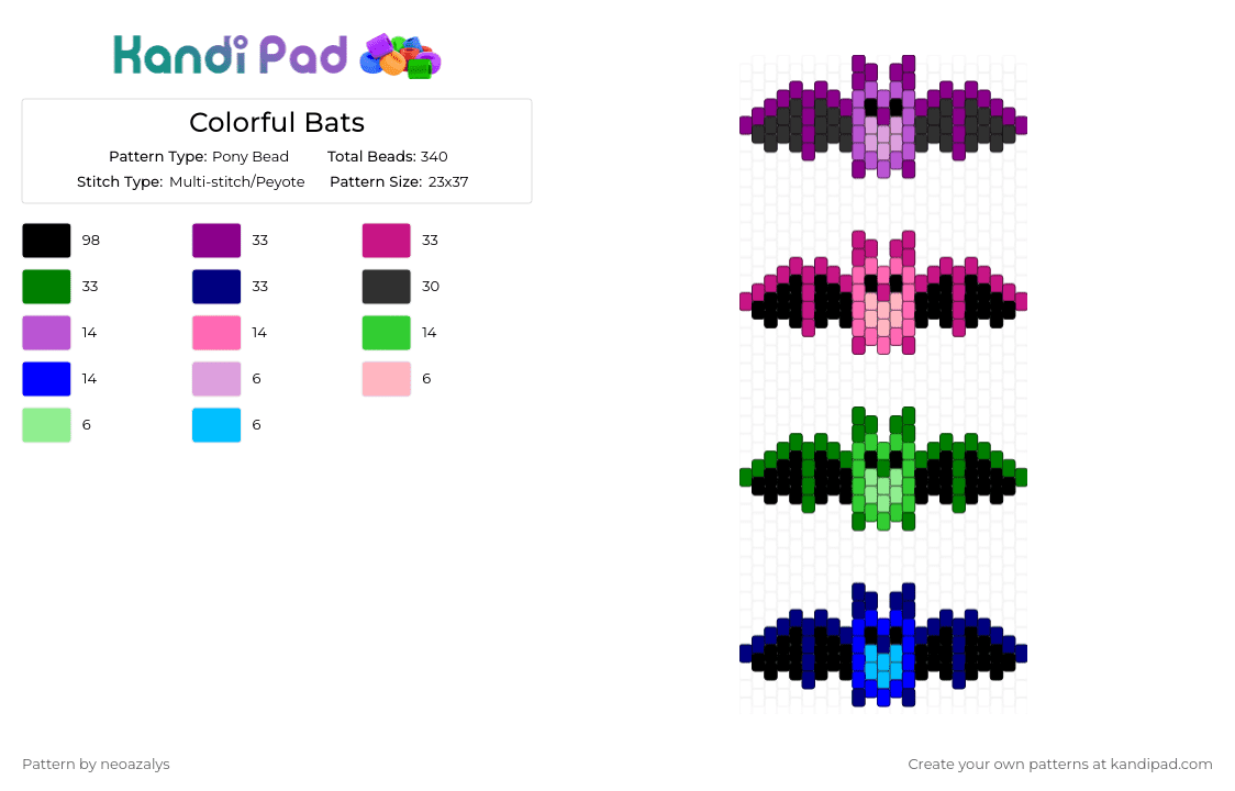 Colorful Bats - Pony Bead Pattern by neoazalys on Kandi Pad - pink,green,purple,bat,colorful,blue,charm,cute