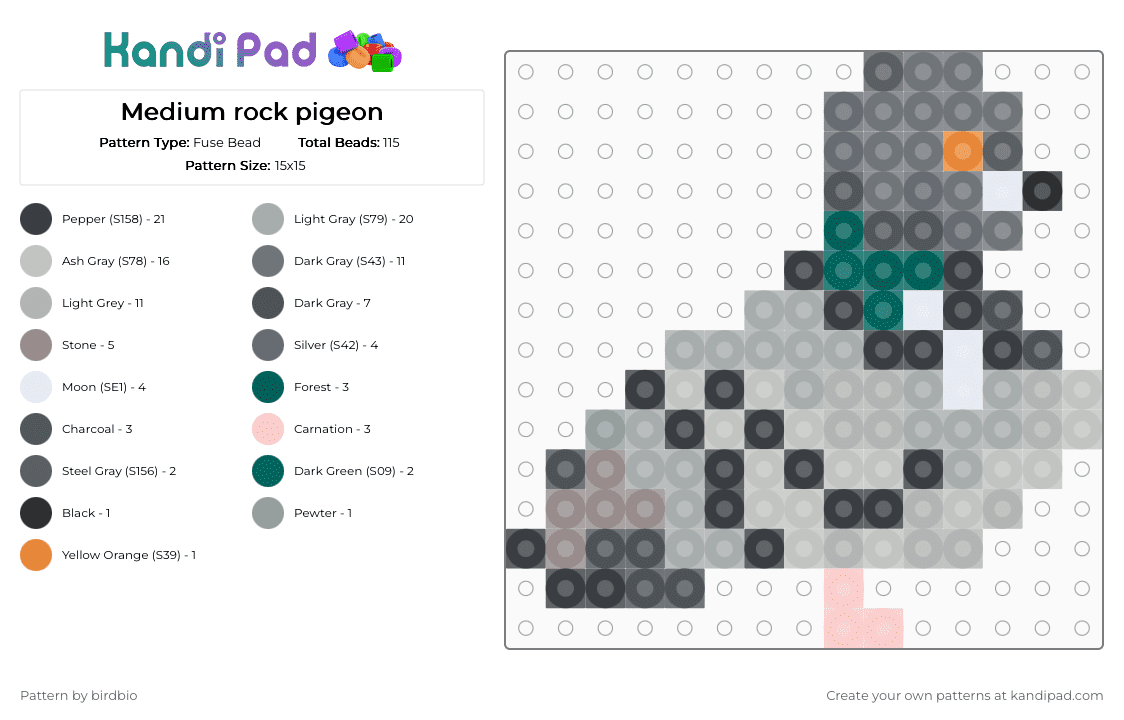Medium rock pigeon - Fuse Bead Pattern by birdbio on Kandi Pad - gray,beige,pigeon,dove,bird,cute,nature