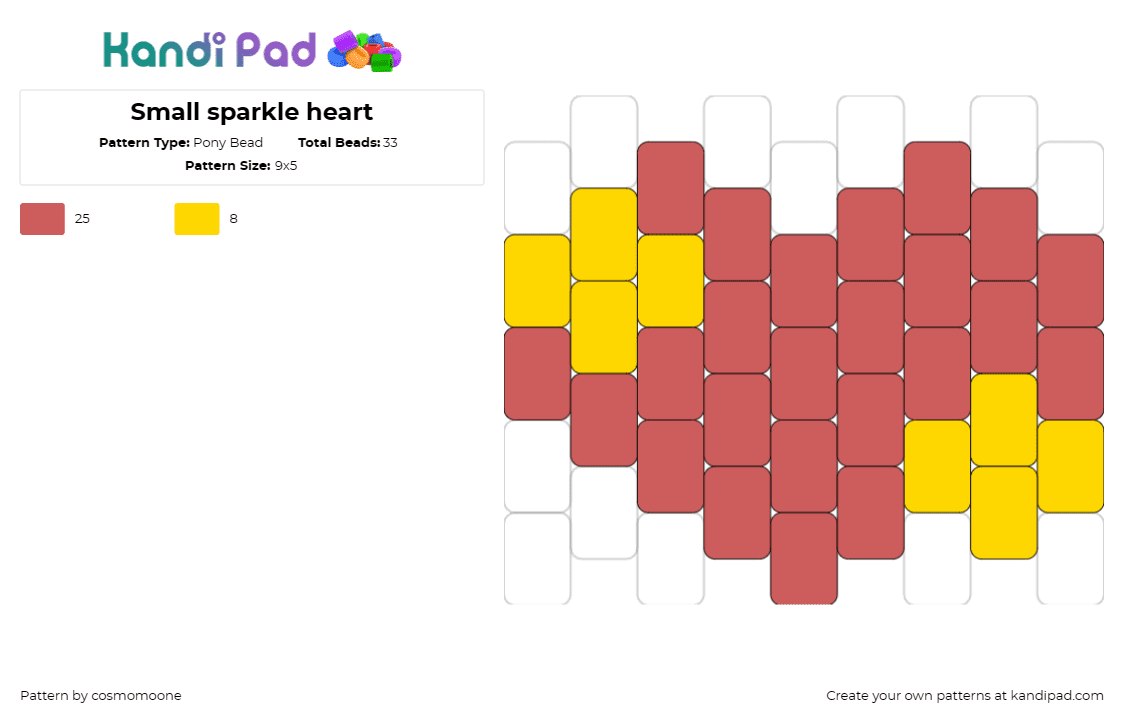 Small sparkle heart - Pony Bead Pattern by cosmomoone on Kandi Pad - heart,sparkles,shiny,love,affection,simple,red,yellow