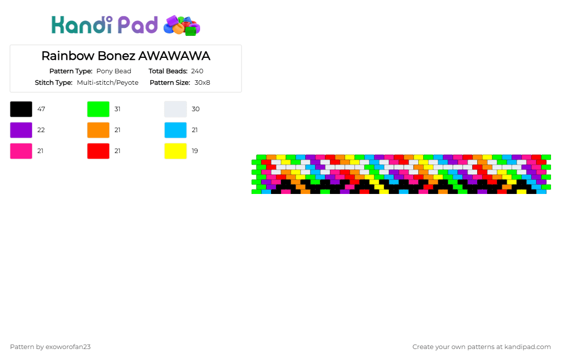 Rainbow Bonez AWAWAWA - Pony Bead Pattern by exoworofan23 on Kandi Pad - orange,purple,red,colorful,rainbow,bone,furry,dog,therian,cuff,cute