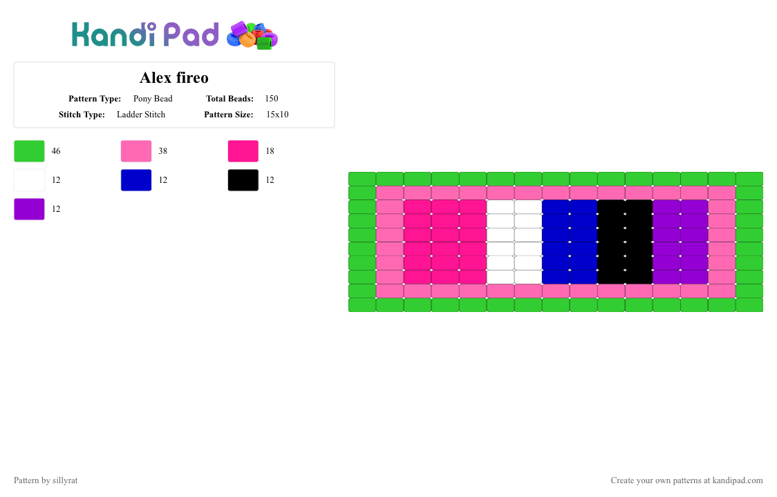 Alex fireo - Pony Bead Pattern by sillyrat on Kandi Pad - green, pink