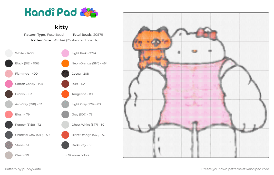 kitty - Fuse Bead Pattern by puppywaifu on Kandi Pad - hello kitty,muscles,sanrio,funny,character,humor,strength,quirky,parody,pink,white