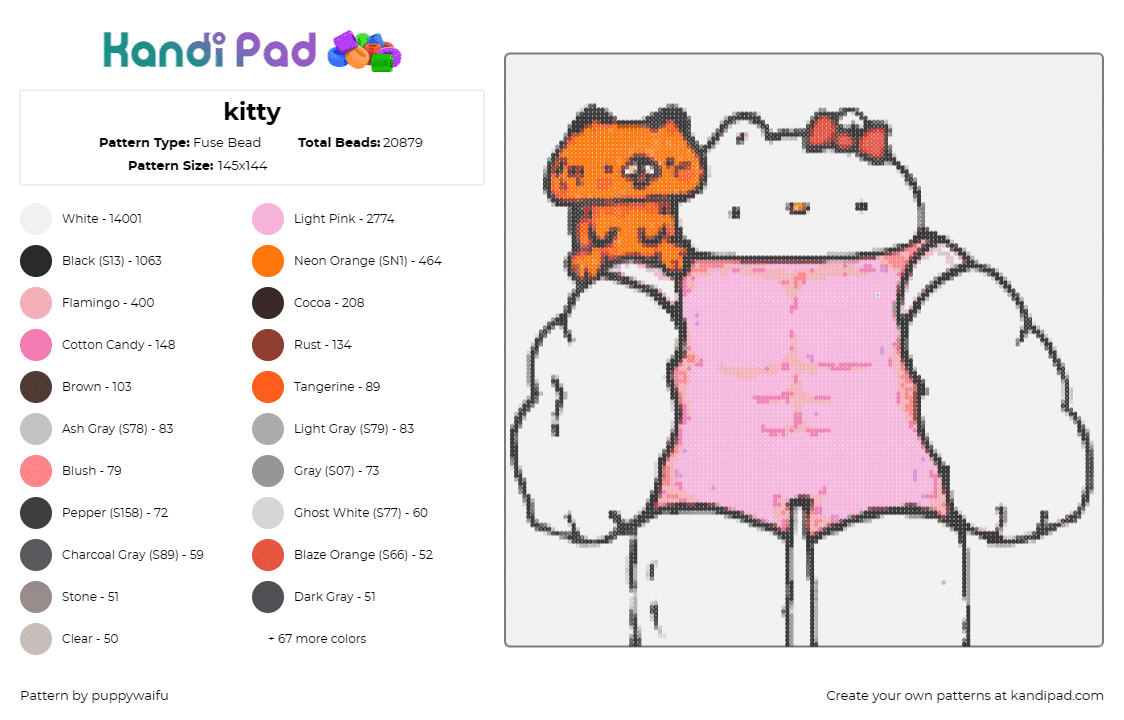 kitty - Fuse Bead Pattern by puppywaifu on Kandi Pad - hello kitty,muscles,sanrio,funny,character,humor,strength,quirky,parody,pink,whi