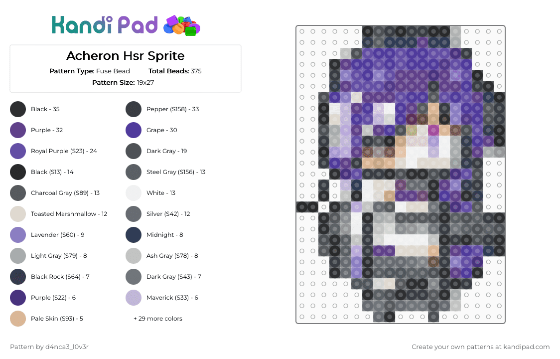 Acheron Hsr Sprite - Fuse Bead Pattern by d4nca3_l0v3r on Kandi Pad - gray,beige,purple