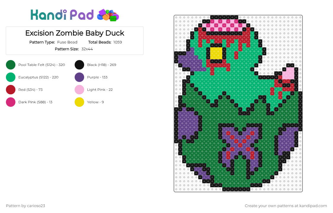 Excision Zombie Baby Duck - Fuse Bead Pattern by carioso23 on Kandi Pad - excision,dj,edm,dubstep,music,zombie,ducky,egg,blood,brain,baby,duck,halloween,spooky,animal,green