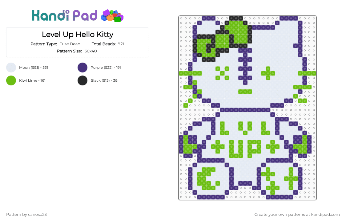 Level Up Hello Kitty - Fuse Bead Pattern by carioso23 on Kandi Pad - white,purple,green