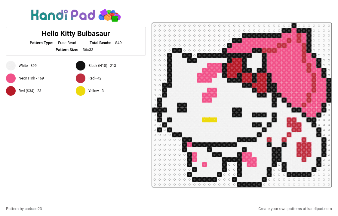 Hello Kitty Bulbasaur - Fuse Bead Pattern by carioso23 on Kandi Pad - white,pink