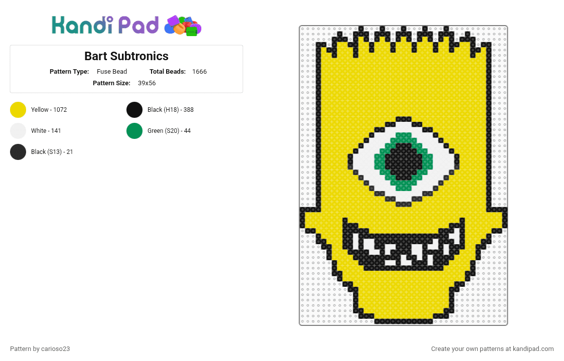 Bart Subtronics - Fuse Bead Pattern by carioso23 on Kandi Pad - bart simpson,subtronics,mashup,dj,music,yellow