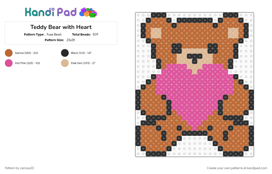 Teddy Bear with Heart - Fuse Bead Pattern by carioso23 on Kandi Pad - pink, tan