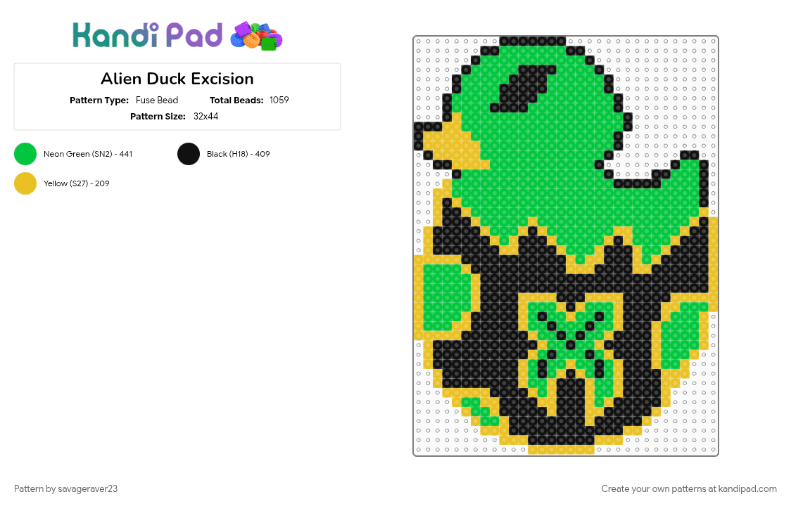 Alien Duck Excision - Fuse Bead Pattern by savageraver23 on Kandi Pad - green, yellow