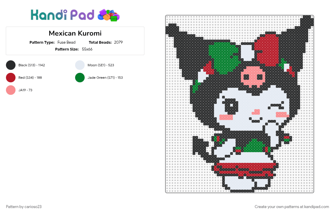 Mexican Kuromi - Fuse Bead Pattern by carioso23 on Kandi Pad - black, green, red