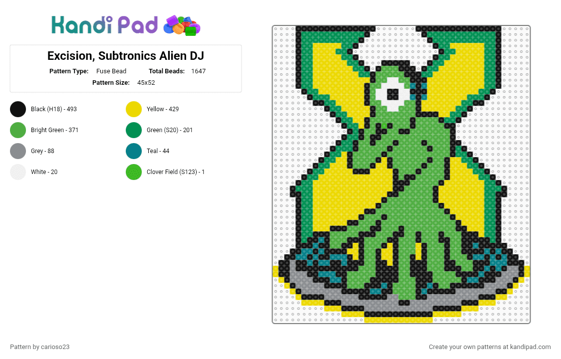Excision, Subtronics Alien DJ - Fuse Bead Pattern by carioso23 on Kandi Pad - green, yellow