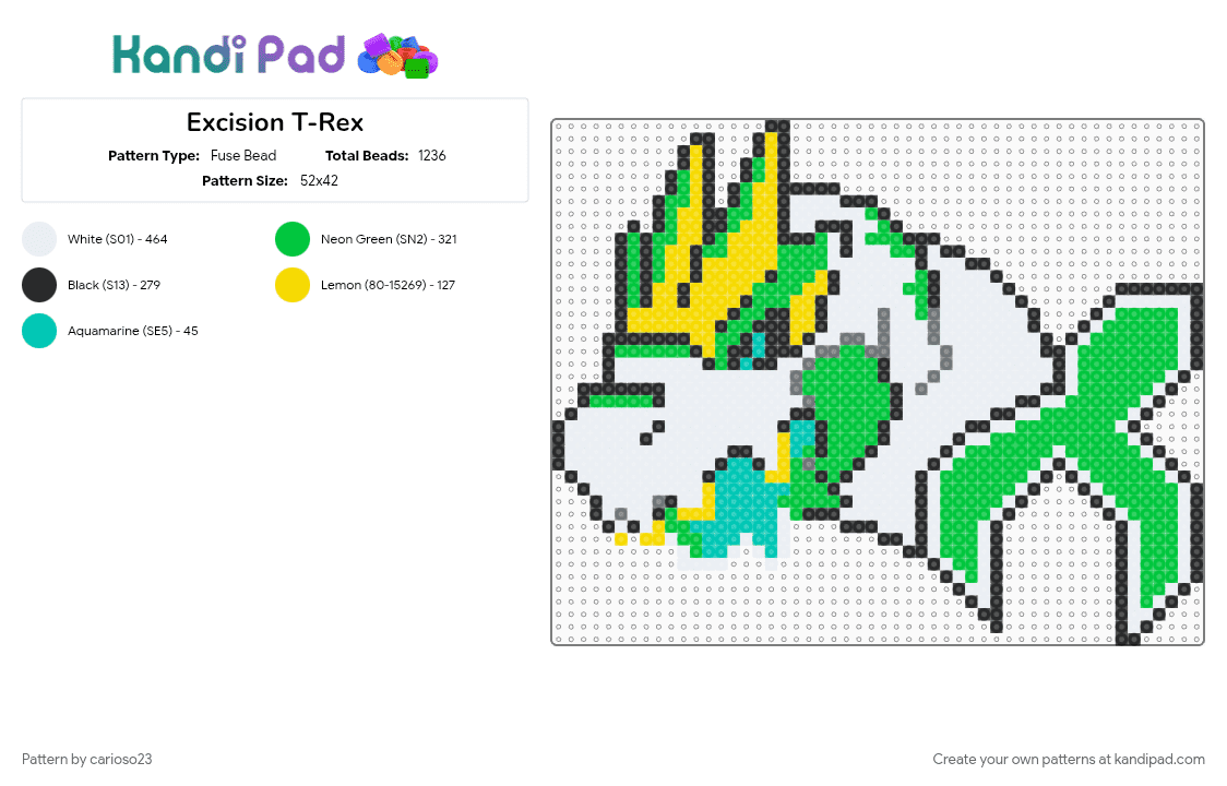 Excision T-Rex - Fuse Bead Pattern by carioso23 on Kandi Pad - green, white