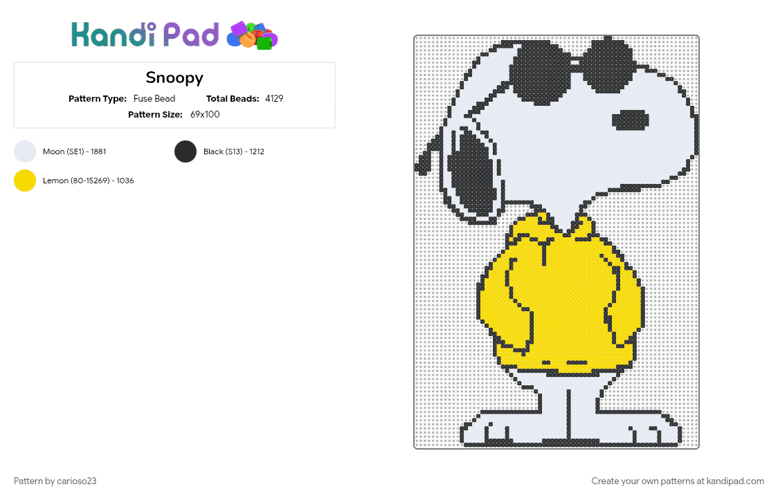Snoopy - Fuse Bead Pattern by carioso23 on Kandi Pad - white, yellow