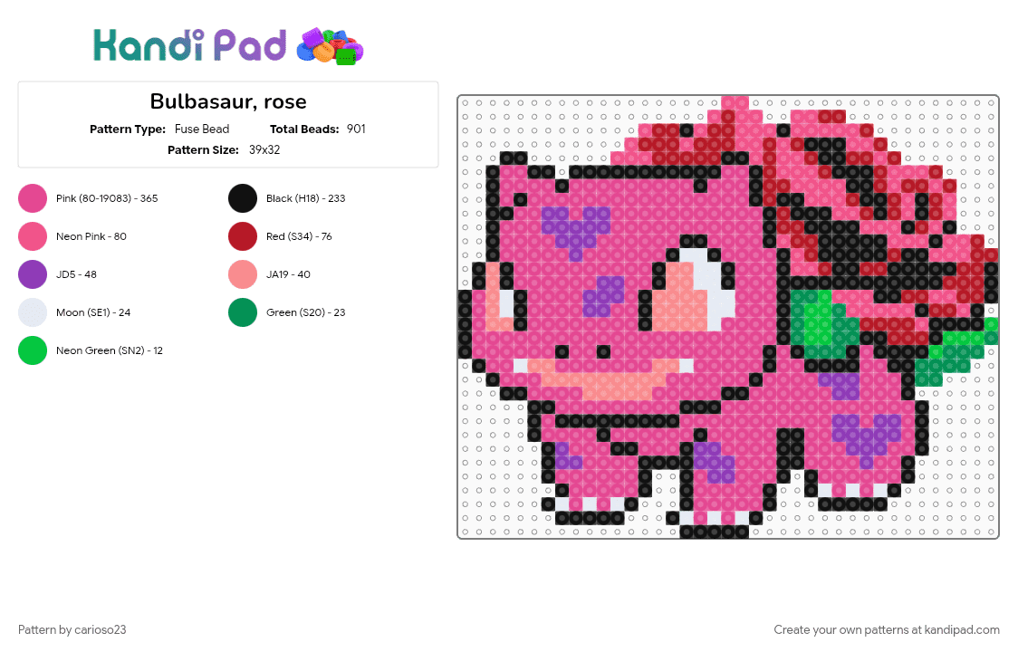 Bulbasaur, rose - Fuse Bead Pattern by carioso23 on Kandi Pad - pink