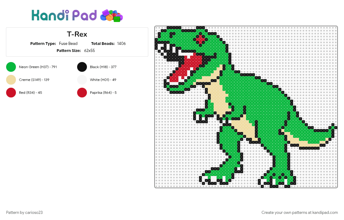 T-Rex - Fuse Bead Pattern by savageraver23 on Kandi Pad - green