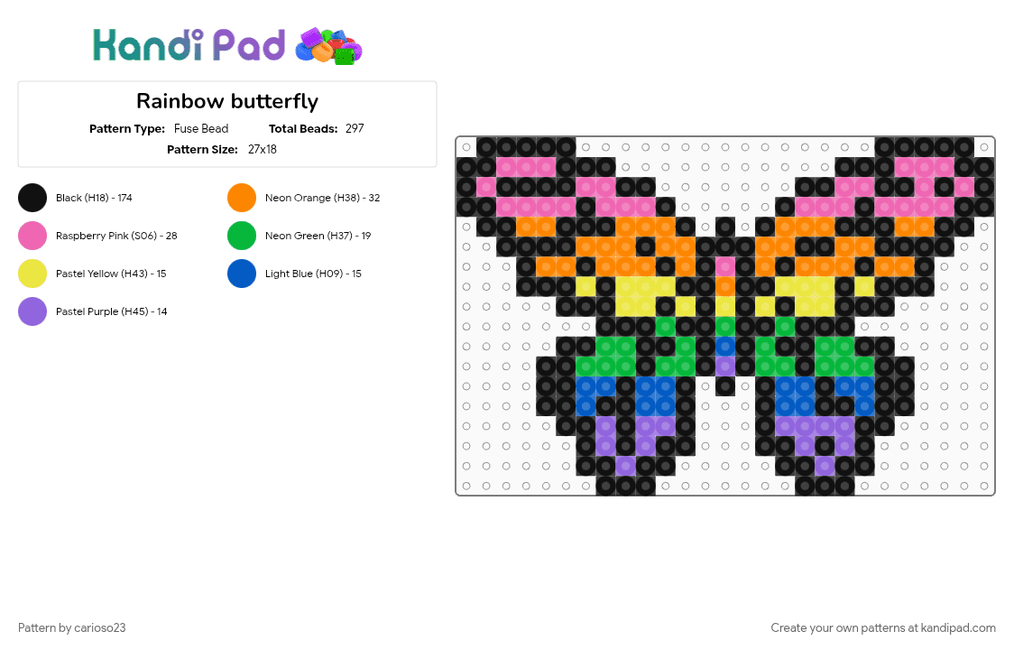 Rainbow butterfly - Fuse Bead Pattern by savageraver23 on Kandi Pad - black, green, orange, pink
