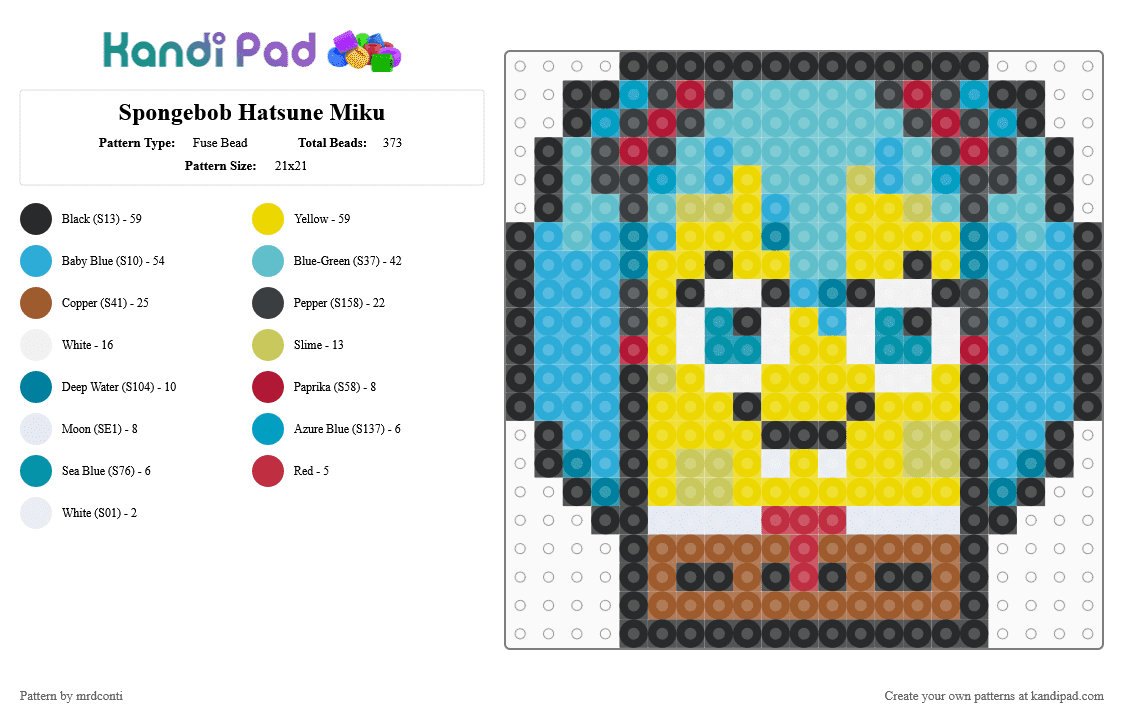 Spongebob Hatsune Miku - Fuse Bead Pattern by mrdconti on Kandi Pad - light blue,teal,yellow,spongebob,hatsune miku,miku,squarepants,spongebob squarepants