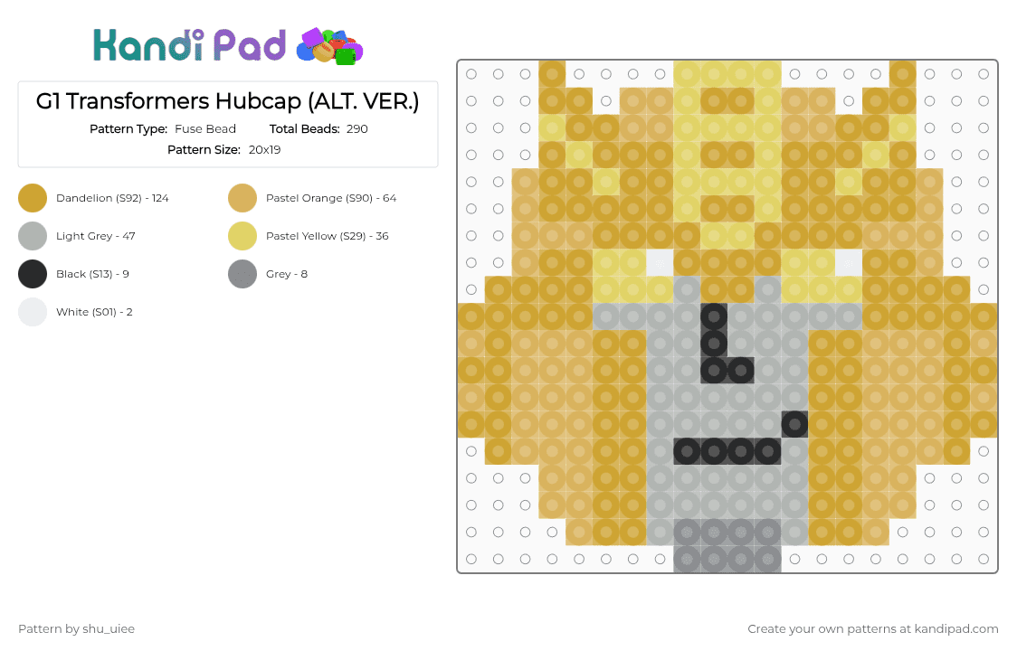 G1 Transformers Hubcap (ALT. VER.) - Fuse Bead Pattern by shu_uiee on Kandi Pad - orange,transformers,hubcap,yellow,autobot,cartoon