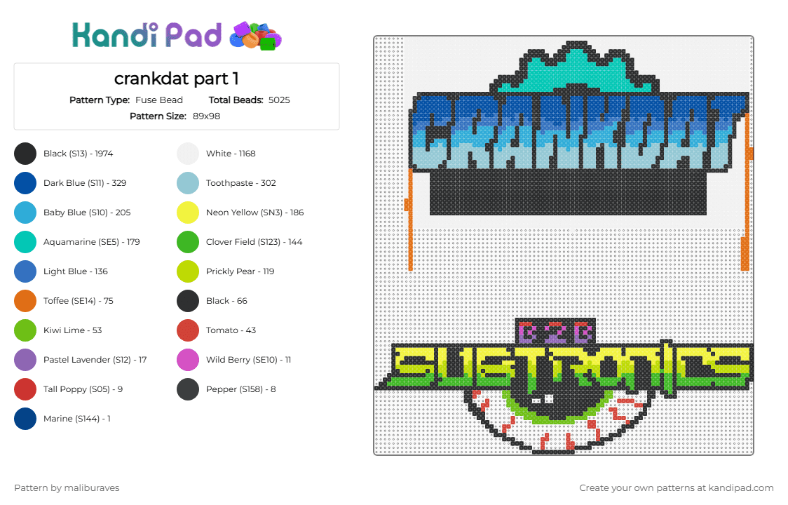 crankdat part 1 - Fuse Bead Pattern by maliburaves on Kandi Pad - black,white,blue,light blue,colorful