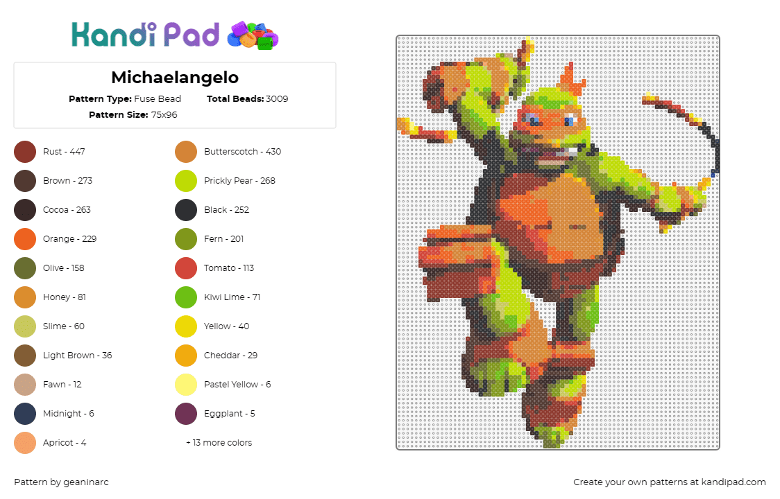 Michaelangelo - Fuse Bead Pattern by geaninarc on Kandi Pad - michelangelo,teenage mutant ninja turtles,tmnt,character,cartoon,karate,numchuck