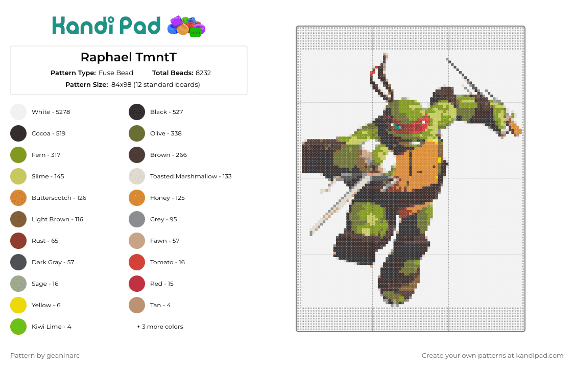 Raphael TmntT - Fuse Bead Pattern by geaninarc on Kandi Pad - raphael,tmnt,teenage mutant ninja turtles,character,daggers,karate,cartoon,tv show,green,orange