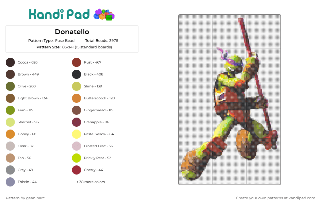 Donatello - Fuse Bead Pattern by geaninarc on Kandi Pad - donatello,teenage mutant ninja turtles,tmnt,character,cartoon,karate,green,brown