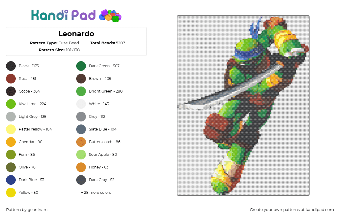 Leonardo - Fuse Bead Pattern by geaninarc on Kandi Pad - leonardo,teenage mutant ninja turtles,tmnt,character,cartoon,karate,sword,green