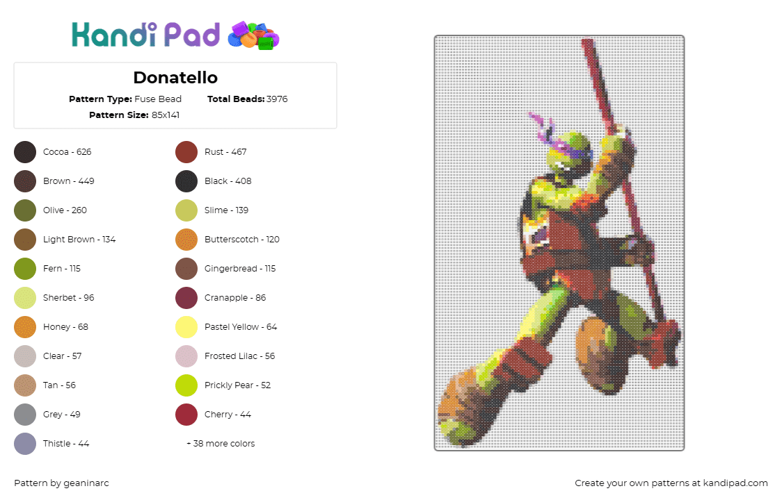 Donatello - Fuse Bead Pattern by geaninarc on Kandi Pad - donatello,teenage mutant ninja turtles,tmnt,character,cartoon,karate,green,brown